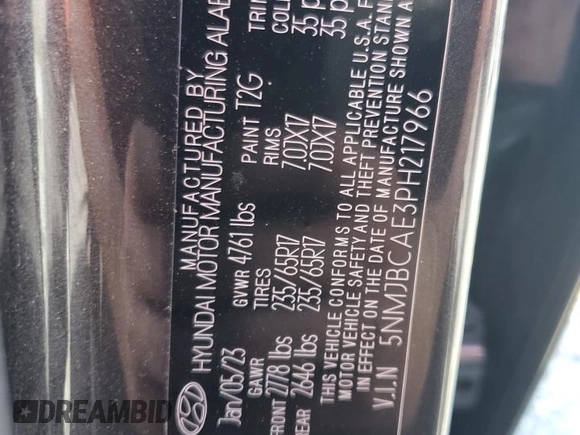 2023 Hyundai Tucson SEL with VIN 5NMJBCAE3PH217966, listed as a Copart auction lot 60614095 with 49,571 mi miles and Non repairable. Bid and sale history available at DreamBid. Image 14.
