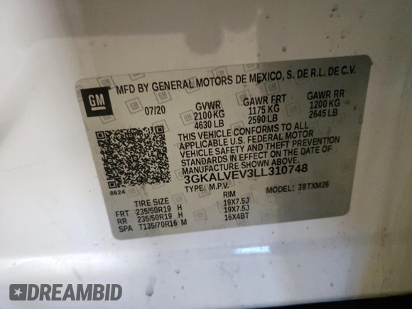 2020 GMC Terrain SLT with VIN 3GKALVEV3LL310748, listed as a Copart auction lot 46742895 with 156,264 mi miles and Salvage Title. Bid and sale history available at DreamBid. Image 15.