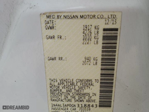 2016 Nissan Altima 2.5 S with VIN 1N4AL3AP0GN318843, listed as a Copart auction lot 52160825 with 143,502 mi miles and Salvage Title. Bid and sale history available at carsss.com. Image 14.