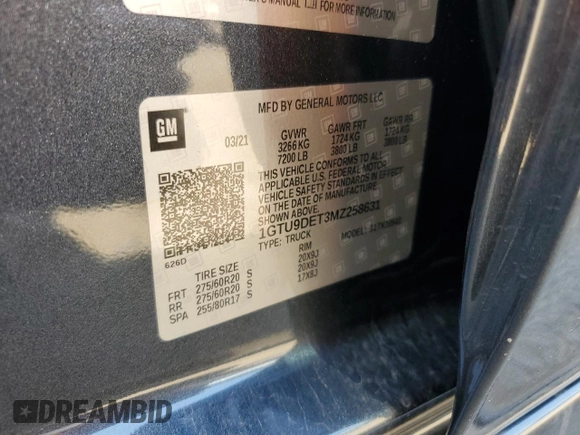 2021 GMC Sierra 1500 Limited SLT with VIN 1GTU9DET3MZ258631, listed as a Copart auction lot 62086594 with 59,139 mi miles and Salvage Title. Bid and sale history available at carsss.com. Image 12.