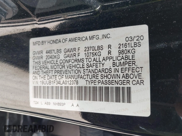 2020 Acura TLX with VIN 19UUB1F34LA012378, listed as a IAAI auction lot 41737171 with 101,420 mi miles and . Bid and sale history available at carsss.com. Image 9.