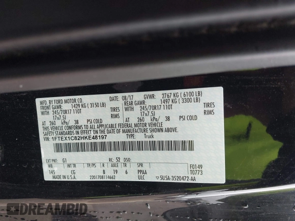 2017 Ford F-150 XL z VIN 1FTEX1C82HKE48197, wystawiony jako IAAI lot #41954267 z przebiegiem 72 946 mil mil oraz . Historia ofert i sprzedaży dostępna na DreamBid. Obrazek 9.