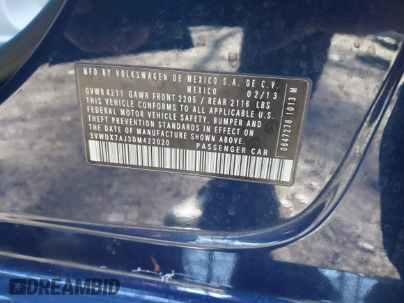 2013 Volkswagen Jetta SE с VIN 3VWDX7AJ3DM422020, выставлен на аукционе IAAI как лот 41284713 с пробегом 119 007 миль миль и . История ставок и продаж доступна на DreamBid. Изображение 9.