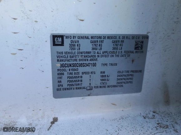 2014 Chevrolet Silverado 1500 LTZ with VIN 3GCUKSEC9EG347100, listed as a Copart auction lot 44342835 with 117,715 mi miles and Salvage Title. Bid and sale history available at carsss.com. Image 14.