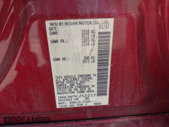 2015 Nissan Altima SL with VIN 1N4AL3AP7FC255217, listed as a IAAI auction lot 41819212 with 127,122 mi miles and . Bid and sale history available at DreamBid. Image 9.