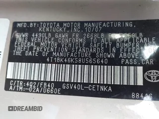 2008 Toyota Camry LE z VIN 4T1BK46K58U565640, wystawiony jako IAAI lot #42402223 z przebiegiem 147 181 mil mil oraz . Historia ofert i sprzedaży dostępna na DreamBid. Obrazek 9.