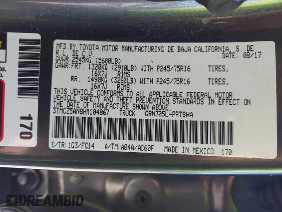 2017 Toyota Tacoma SR5 with VIN 3TMCZ5AN8HM104867, listed as a IAAI auction lot 41931133 with 76,051 mi miles. Bid and sale history available at carsss.com. Image 9.