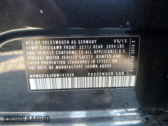 2013 Volkswagen GTI с VIN WVWGD7AJ9DW141526, выставлен на аукционе Copart как лот 49088555 с пробегом 141 052 миль миль и На запчасти • Non repairable. История ставок и продаж доступна на DreamBid. Изображение 12.