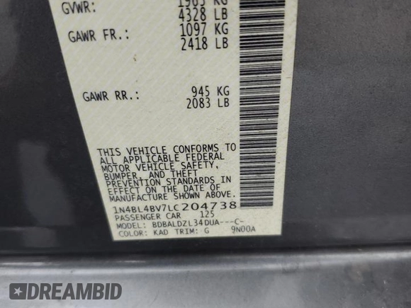 2020 Nissan Altima S with VIN 1N4BL4BV7LC204738, listed as a Copart auction lot 55827275 with 80,667 mi miles and Salvage title. Bid and sale history available at DreamBid. Image 12.