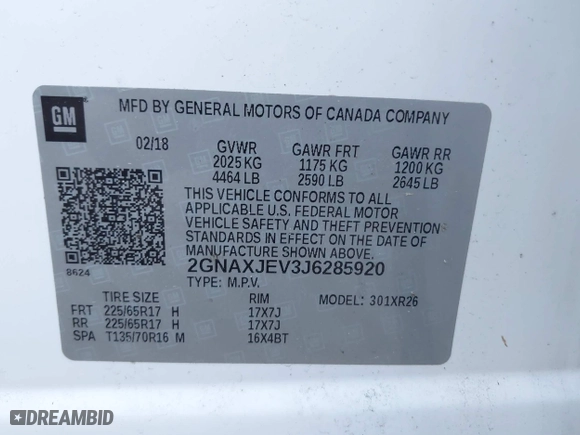 2018 Chevrolet Equinox LT with VIN 2GNAXJEV3J6285920, listed as a IAAI auction lot 41876822 with 117,203 mi miles. Bid and sale history available at carsss.com. Image 9.