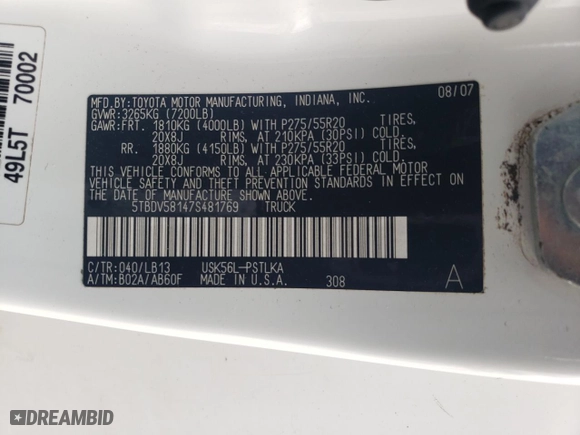 2007 Toyota Tundra LTD with VIN 5TBDV58147S481769, listed as a Copart auction lot 45031685 with 178,420 mi miles and Salvage Title. Bid and sale history available at carsss.com. Image 14.