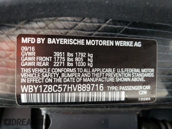2017 BMW i3 with VIN WBY1Z8C57HV889716, listed as a Copart auction lot 66951452 with 43,037 mi miles. Bid and sale history available at carsss.com. Image 15.