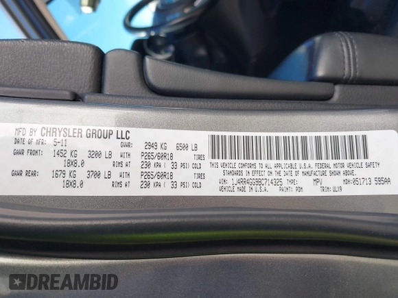 2011 Jeep Grand Cherokee Laredo with VIN 1J4RR4GG9BC714325, listed as a IAAI auction lot 41560915 with 153,372 mi miles and . Bid and sale history available at DreamBid. Image 9.
