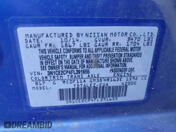 2015 Nissan Note SR with VIN 3N1CE2CP4FL391655, listed as a Copart auction lot 83749654 with 55,274 mi miles and Salvage title. Bid and sale history available at DreamBid. Image 12.