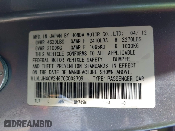 2012 Acura TSX Technology z VIN JH4CW2H67CC003799, wystawiony jako IAAI lot #42171355 z przebiegiem 124 184 mil mil oraz . Historia ofert i sprzedaży dostępna na DreamBid. Obrazek 9.