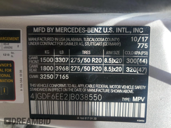 2018 Mercedes-Benz GLS 450 with VIN 4JGDF6EE2JB038550, listed as a Copart auction lot 61177375 with 74,624 mi miles and Salvage title. Bid and sale history available at DreamBid. Image 13.