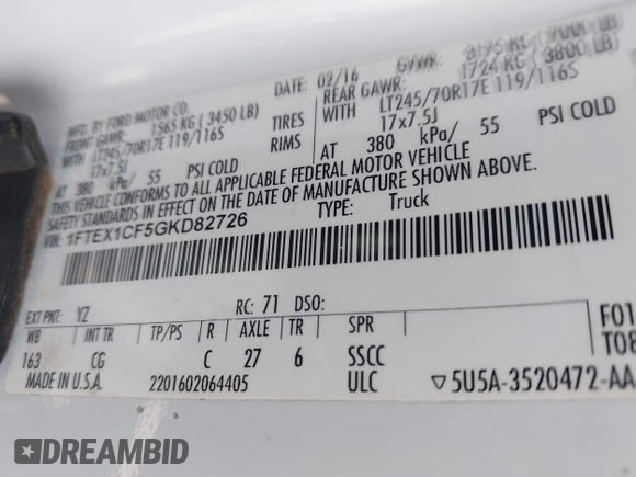 2016 Ford F-150 XL с VIN 1FTEX1CF5GKD82726, выставлен на аукционе IAAI как лот 42150764 с пробегом 148 230 миль миль и . История ставок и продаж доступна на DreamBid. Изображение 9.