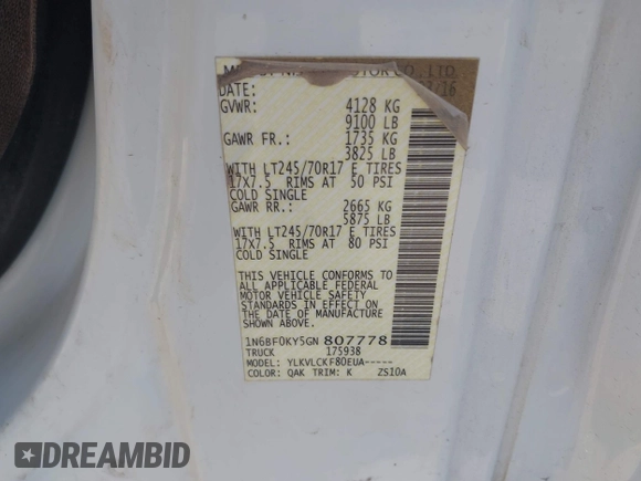 2016 Nissan NV SL with VIN 1N6BF0KY5GN807778, listed as a IAAI auction lot 41819477 with 217,029 mi miles and . Bid and sale history available at DreamBid. Image 9.