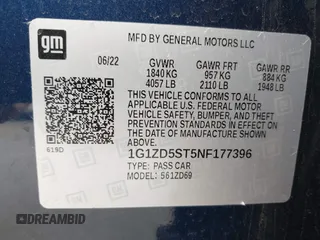 2022 Chevrolet Malibu LT with VIN 1G1ZD5ST5NF177396, listed as a IAAI auction lot 41706726 with 52,158 mi miles and . Bid and sale history available at DreamBid. Image 9.