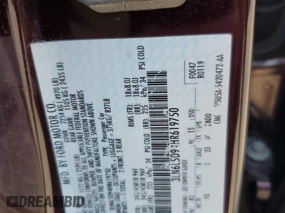 2017 Lincoln MKZ Select with VIN 3LN6L5D94HR619750, listed as a Copart auction lot 59102685 with 134,599 mi miles and Salvage title. Bid and sale history available at DreamBid. Image 13.
