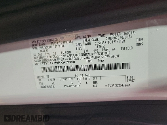 2019 Ford Transit z VIN 1FTYE1YM9KKA69150, wystawiony jako IAAI lot #42723249 z przebiegiem 226 890 mil mil oraz . Historia ofert i sprzedaży dostępna na DreamBid. Obrazek 6.