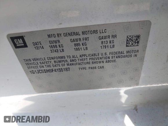 2015 Chevrolet Sonic LT with VIN 1G1JC5SH6F4155187, listed as a IAAI auction lot 42009644 with 220,725 mi miles and . Bid and sale history available at DreamBid. Image 8.