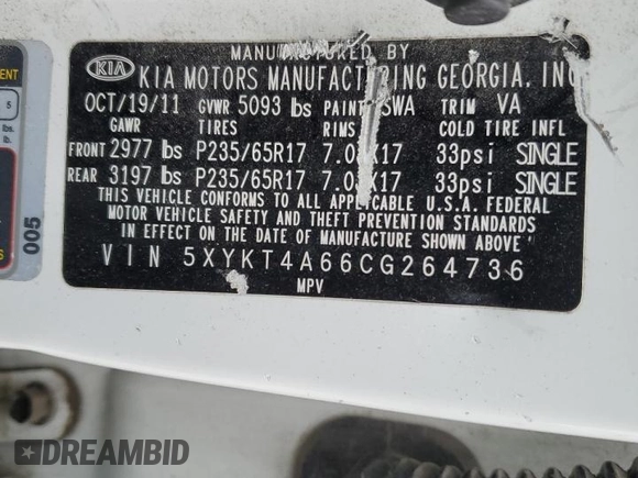 2012 Kia Sorento LX with VIN 5XYKT4A66CG264736, listed as a Copart auction lot 42337365 with 161,870 mi miles and Salvage Title. Bid and sale history available at DreamBid. Image 15.