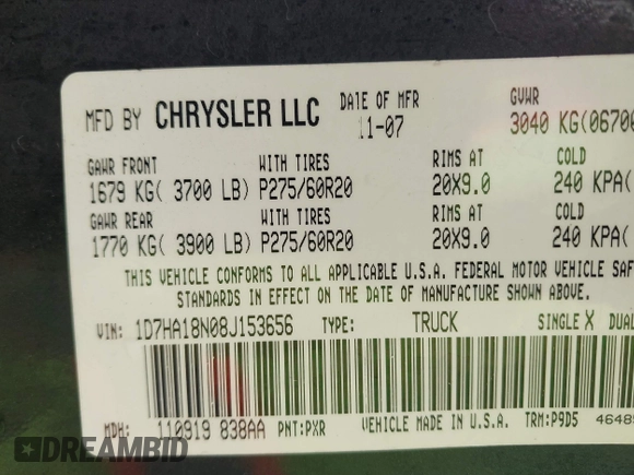 2008 Dodge 1500 SLT with VIN 1D7HA18N08J153656, listed as a IAAI auction lot 41586690 with 133,930 mi miles and . Bid and sale history available at DreamBid. Image 9.
