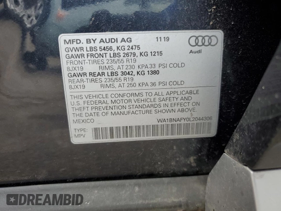2020 Audi Q5 Premium Plus with VIN WA1BNAFY0L2044306, listed as a Copart auction lot 54604435 with 44,690 mi miles and Salvage Title. Bid and sale history available at carsss.com. Image 13.