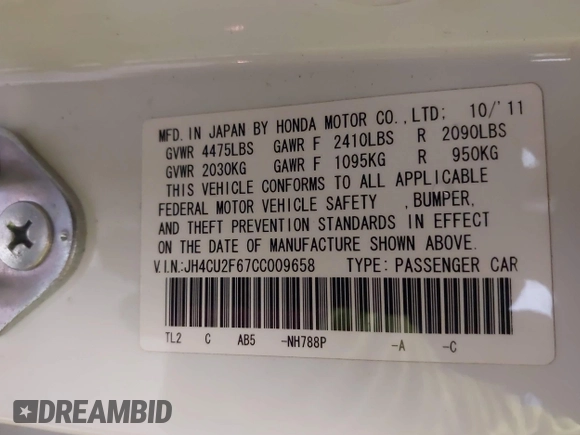 2012 Acura TSX Tech Pkg with VIN JH4CU2F67CC009658, listed as a IAAI auction lot 41849122 with 103,009 mi miles. Bid and sale history available at carsss.com. Image 9.
