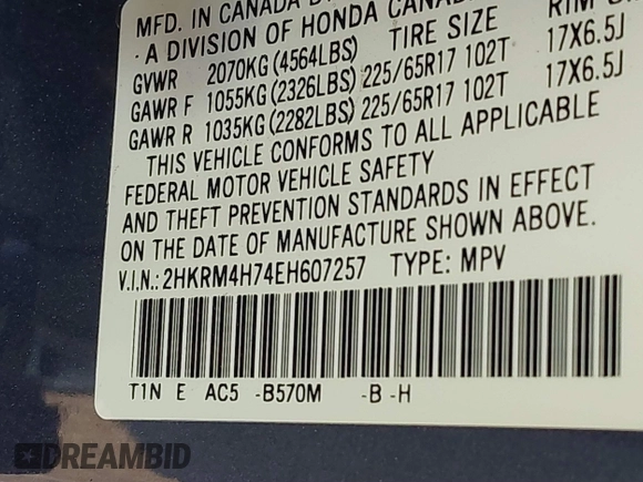 2014 Honda CR-V EX-L with VIN 2HKRM4H74EH607257, listed as a IAAI auction lot 41801147 with 67,145 mi miles. Bid and sale history available at carsss.com. Image 9.