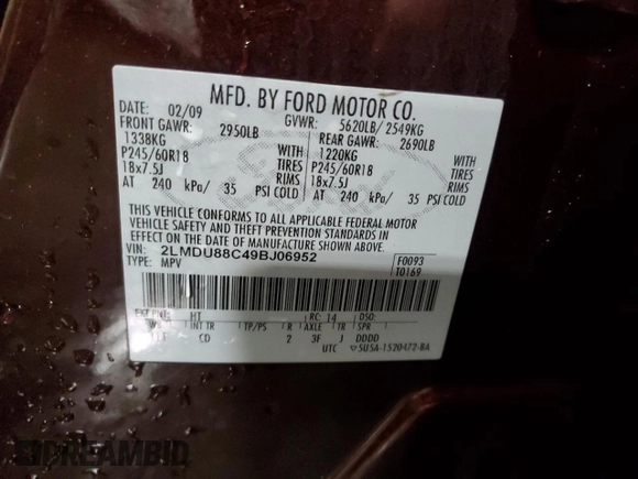 2009 Lincoln MKX with VIN 2LMDU88C49BJ06952, listed as a Copart auction lot 49850315 with 96,240 mi miles and Salvage Title. Bid and sale history available at DreamBid. Image 14.