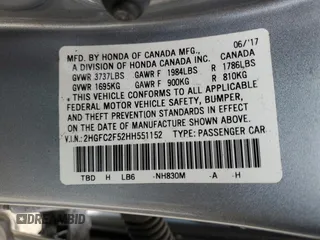 2017 Honda Civic LX z VIN 2HGFC2F52HH551152, wystawiony jako Copart lot #52728275 z przebiegiem 64 376 mil mil oraz Szkoda całkowita • Salvage title. Historia ofert i sprzedaży dostępna na DreamBid. Obrazek 12.