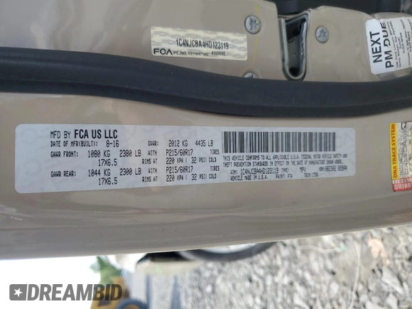 2017 Jeep Compass Sport SE with VIN 1C4NJCBA4HD123119, listed as a Copart auction lot 58787565 with 104,500 mi miles and Salvage title. Bid and sale history available at DreamBid. Image 13.