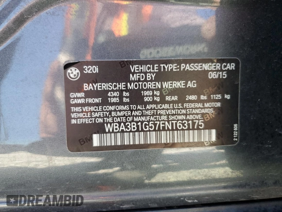 2015 BMW 3 Series 320i with VIN WBA3B1G57FNT63175, listed as a Copart auction lot 46823715 with 69,511 mi miles and Salvage Title. Bid and sale history available at carsss.com. Image 12.