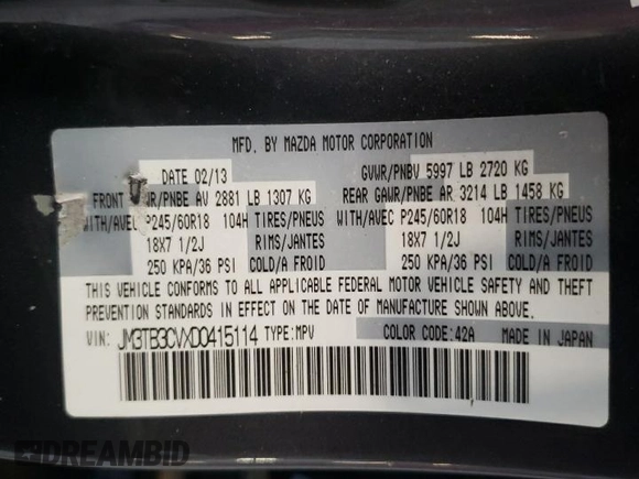 2013 Mazda CX-9 Touring z VIN JM3TB3CVXD0415114, wystawiony jako Copart lot #55965465 z przebiegiem 199 122 mil mil oraz Szkoda całkowita • Salvage title. Historia ofert i sprzedaży dostępna na DreamBid. Obrazek 13.