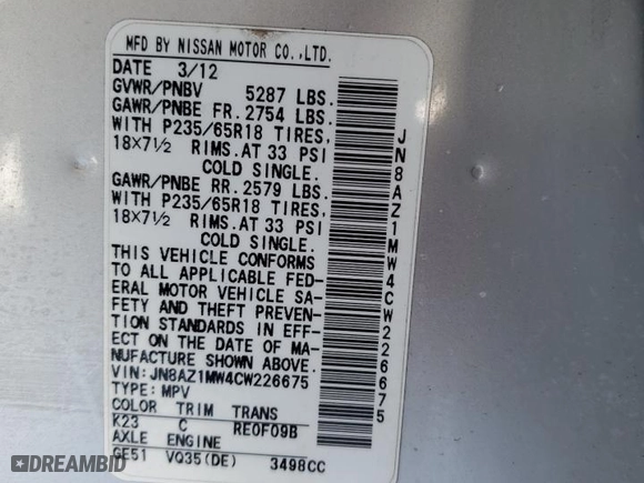 2012 Nissan Murano SV with VIN JN8AZ1MW4CW226675, listed as a Copart auction lot 43904425 with 157,568 mi miles and Salvage Title. Bid and sale history available at carsss.com. Image 13.