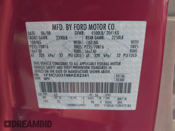 2008 Ford Escape XLT with VIN 1FMCU03198KE82341, listed as a IAAI auction lot 42573165 with 133,620 mi miles and . Bid and sale history available at DreamBid. Image 9.