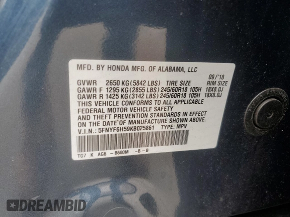 2019 Honda Pilot EX-L z VIN 5FNYF6H59KB025861, wystawiony jako Copart lot #60927455 z przebiegiem 110 089 mil mil oraz Szkoda całkowita • Salvage title. Historia ofert i sprzedaży dostępna na DreamBid. Obrazek 13.
