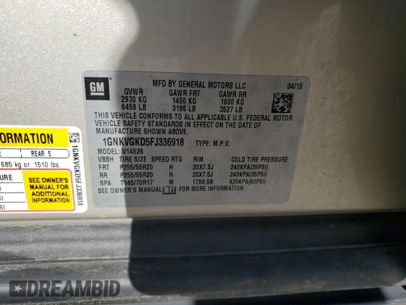2015 Chevrolet Traverse LT with VIN 1GNKVGKD5FJ336918, listed as a Copart auction lot 53041795 with 119,745 mi miles and Salvage title. Bid and sale history available at DreamBid. Image 14.