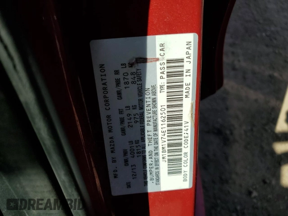 2014 Mazda 3 i Touring with VIN JM1BM1V74E1162501, listed as a Copart auction lot 48754505 with 125,717 mi miles and Salvage Title. Bid and sale history available at DreamBid. Image 12.