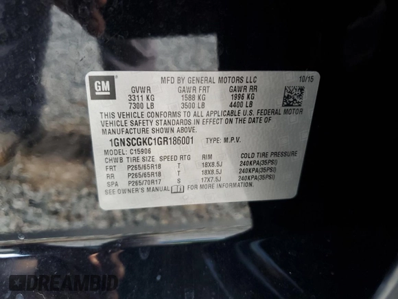 2016 Chevrolet Suburban LS с VIN 1GNSCGKC1GR186001, выставлен на аукционе Copart как лот 62864785 с пробегом 199 680 миль миль и Списание • Salvage title. История ставок и продаж доступна на DreamBid. Изображение 13.