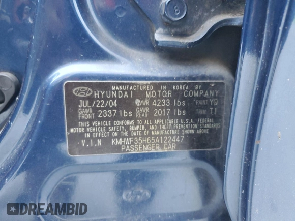 2005 Hyundai Sonata GLS with VIN KMHWF35H65A122447, listed as a Copart auction lot 46648555 with 121,394 mi miles and Salvage Title. Bid and sale history available at carsss.com. Image 12.