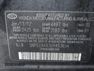 2012 Hyundai Sonata Limited with VIN 5NPEC4AB3CH453654, listed as a IAAI auction lot 41853048 with Not Provided miles and . Bid and sale history available at DreamBid. Image 9.