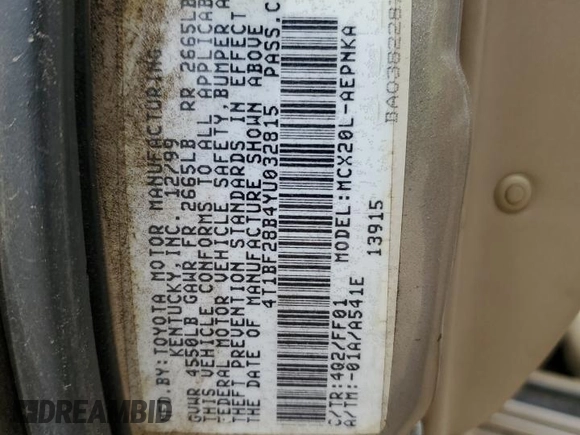 2000 Toyota Avalon XL z VIN 4T1BF28B4YU032815, wystawiony jako Copart lot #55579375 z przebiegiem Nie podano mil oraz Nie do naprawy • Non repairable. Historia ofert i sprzedaży dostępna na DreamBid. Obrazek 13.