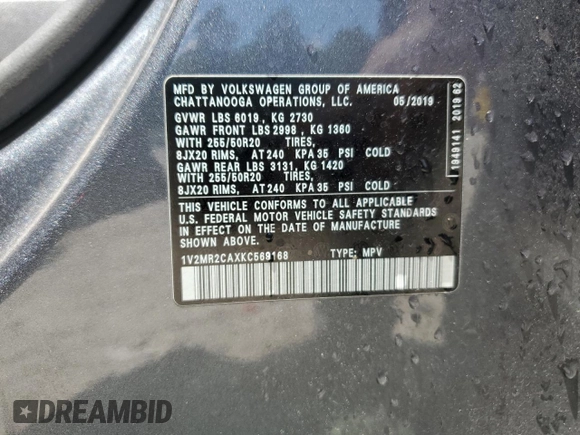 2019 Volkswagen Atlas SEL with VIN 1V2MR2CAXKC569168, listed as a Copart auction lot 55638455 with 86,582 mi miles and Salvage title. Bid and sale history available at DreamBid. Image 13.