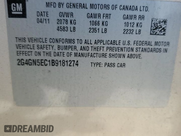 2011 Buick Regal CXL RL1 with VIN 2G4GN5EC1B9181274, listed as a Copart auction lot 46288275 with 176,436 mi miles and Salvage Title. Bid and sale history available at DreamBid. Image 12.