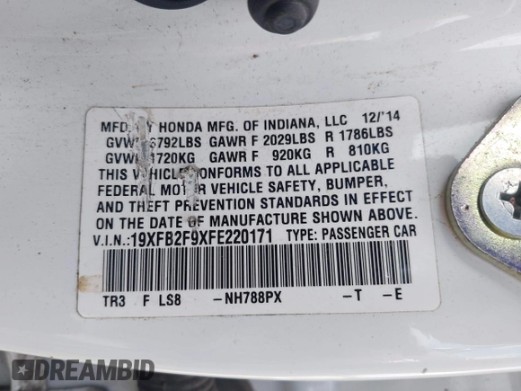 2015 Honda Civic Sedan EX-L with VIN 19XFB2F9XFE220171, listed as a IAAI auction lot 41904589 with 114,276 mi miles. Bid and sale history available at carsss.com. Image 9.