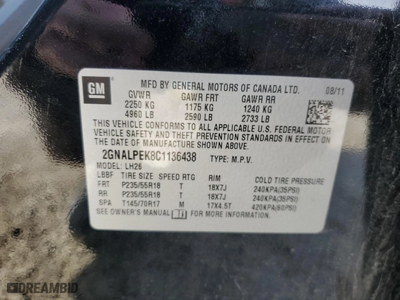 2012 Chevrolet Equinox LT w/2LT with VIN 2GNALPEK8C1136438, listed as a Copart auction lot 45719955 with 113,760 mi miles and Clean Title. Bid and sale history available at carsss.com. Image 16.