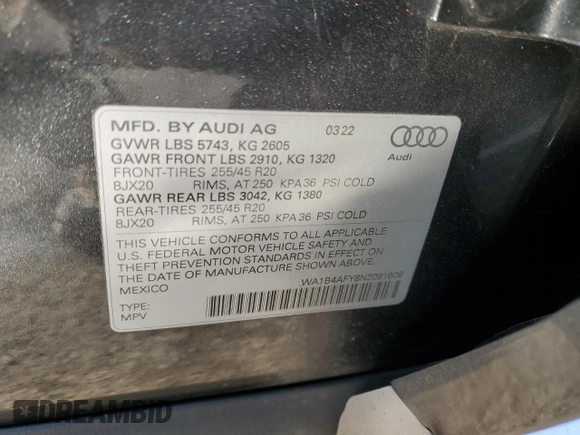 2022 Audi SQ5 Premium Plus with VIN WA1B4AFY8N2091606, listed as a Copart auction lot 86721464 with 10,869 mi miles and Salvage Title. Bid and sale history available at carsss.com. Image 15.